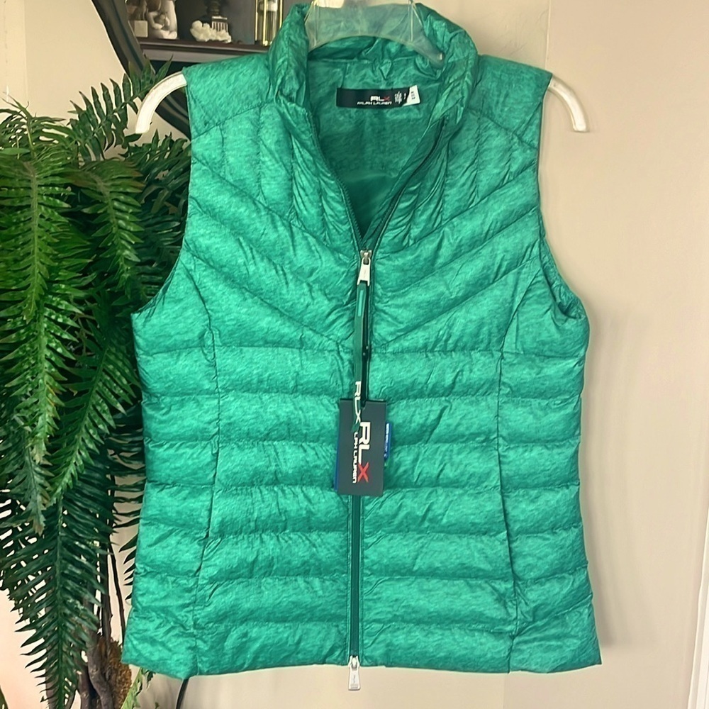 Brand New RLX Ralph Lauren Green Golf Zip Up Puffy Vest Pockets Water Repellent